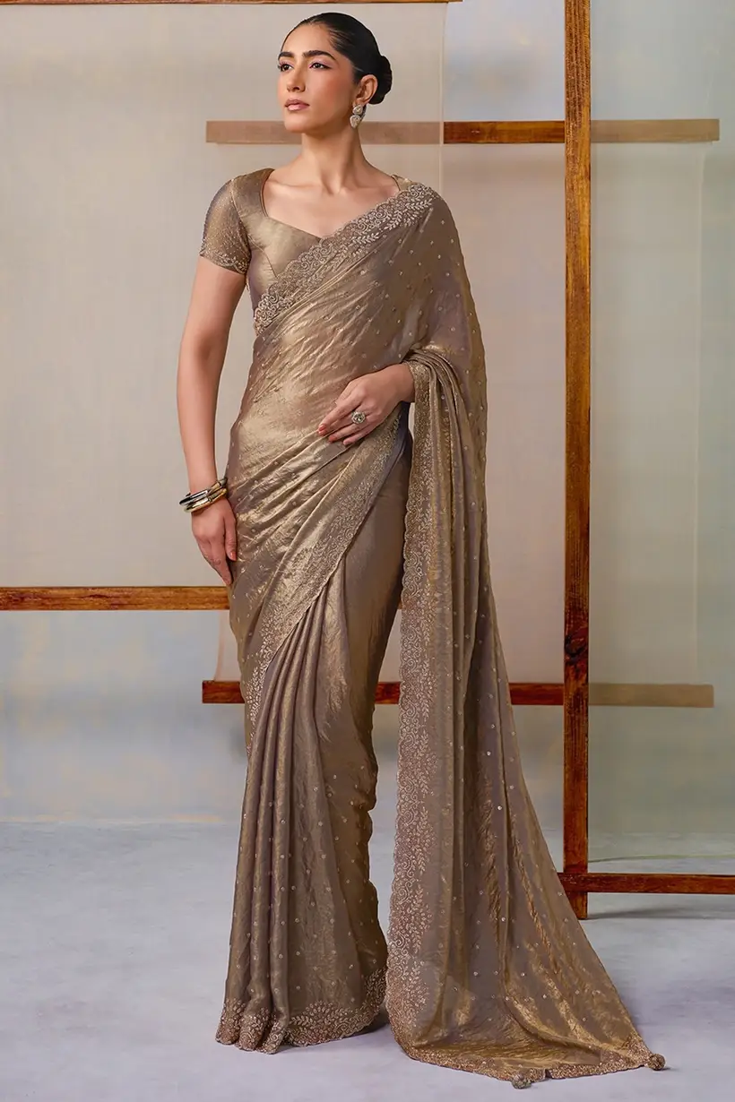 Light Olive Fendi Organza Embellished Saree